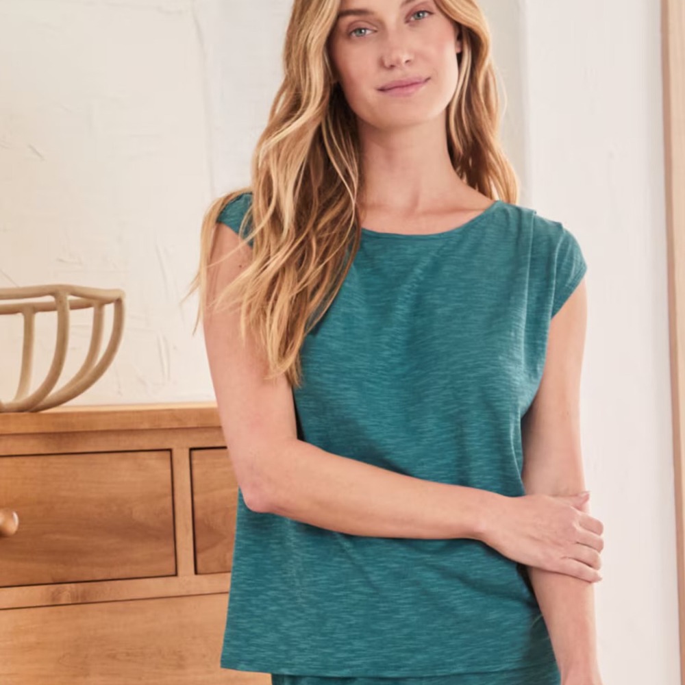 Garnet Hill Oasis Knit Pleated Sleep Tee Teal Blue Loungewear Pajama Top Medium